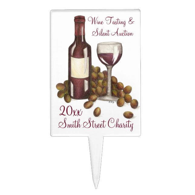 Red Wine Tasting Glass Bottle Grapes Charity Event Cake Topper (Front)