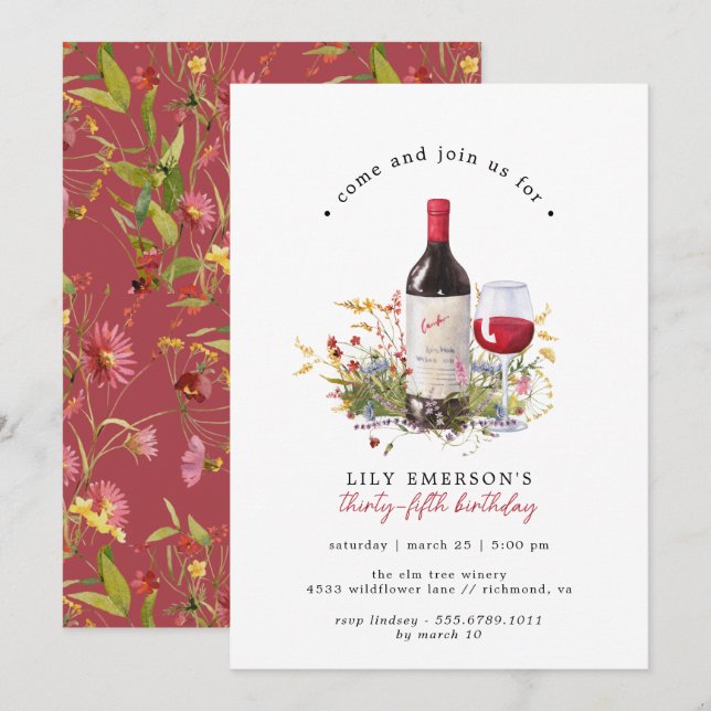Red Wine Wildflowers | Cute Any Age Adult Birthday Invitation (Front/Back)