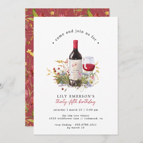 Red Wine Wildflowers  Cute Any Age Adult Birthday Invitation