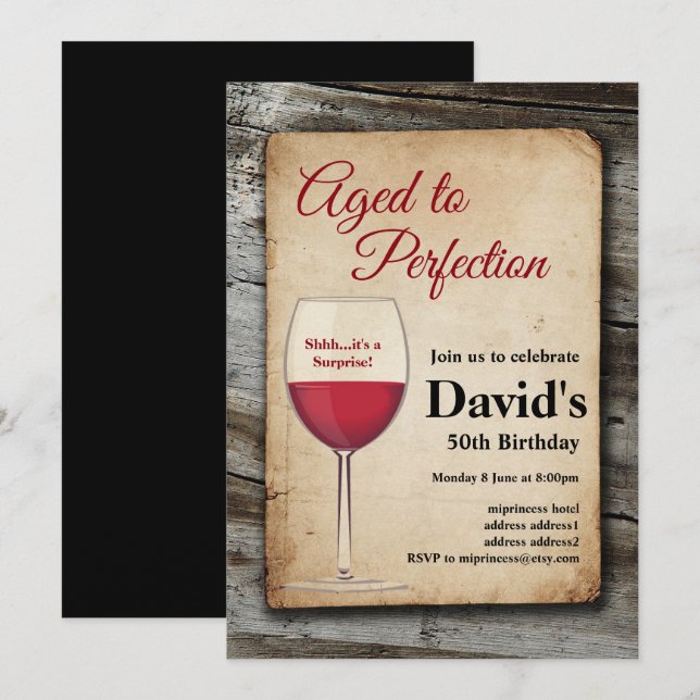Red wine, wine invitation, aged to perfection invitation (Front/Back)