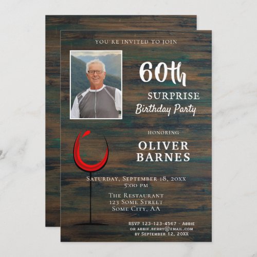 Red Wine Wood 60th Birthday Surprise Party Photo Invitation