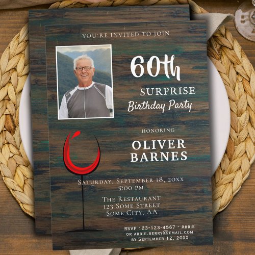 Red Wine Wood 60th Birthday Surprise Party Photo Invitation