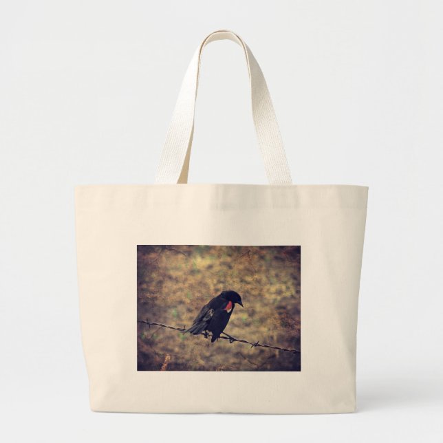 Red Wing Blackbird on Barbed Wire Large Tote Bag (Front)