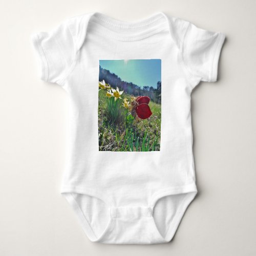 red wing fairy and daffodils baby bodysuit