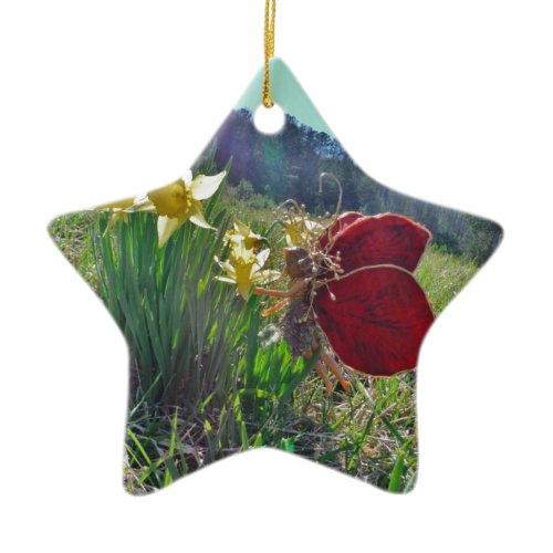 red wing fairy and daffodils ceramic ornament