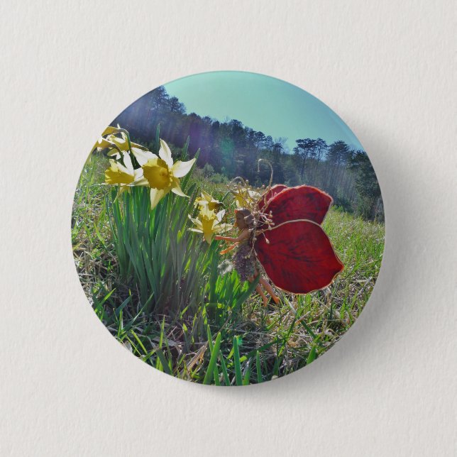 red wing fairy and daffodils pinback button (Front)