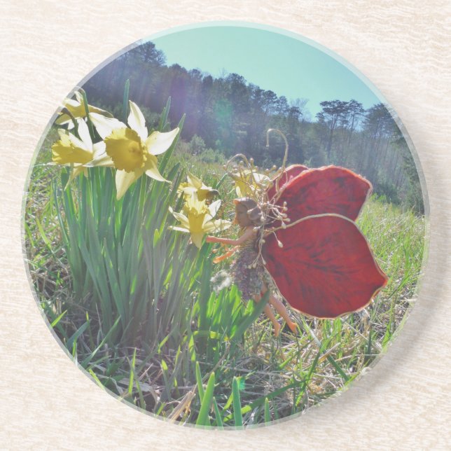 red wing fairy and daffodils sandstone coaster (Front)