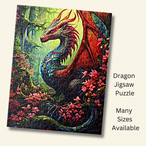 Red Wing Forest Dragon with Red Flowers Jigsaw Puzzle