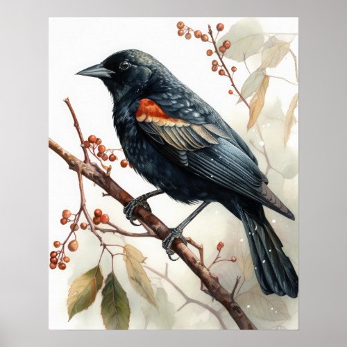 Red Winged Blackbird Bird Art Print Poster