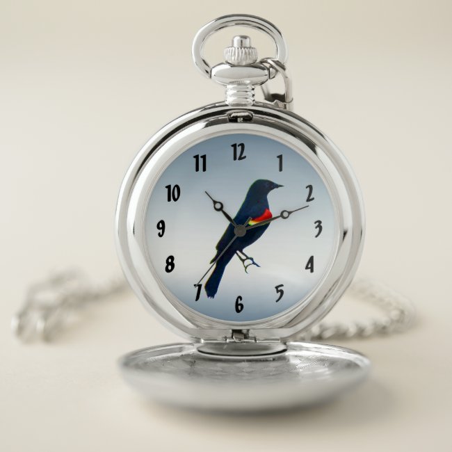 Red-winged Blackbird Blue Pocket Watch