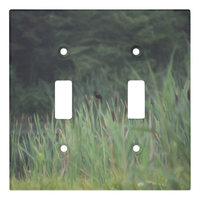 Red Winged Blackbird Cattails Painting Nature Art Light Switch Cover (Front)
