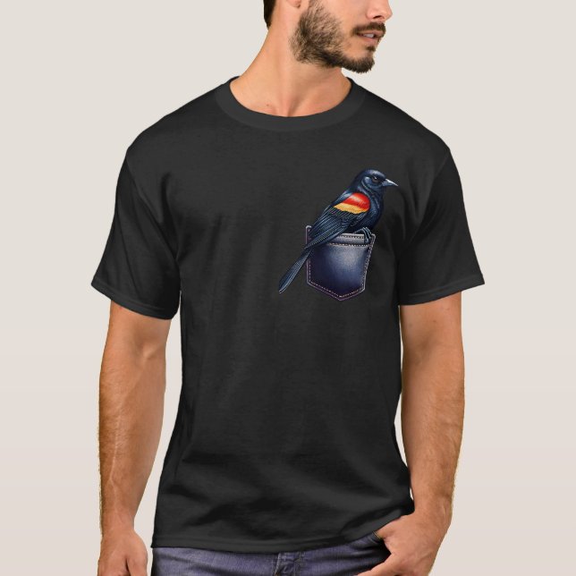 Red-winged Blackbird in Pocket Bird Lover Watcher T-Shirt (Front)