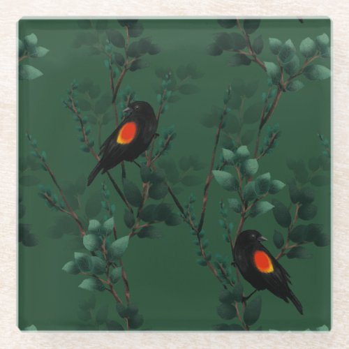 Red_Winged Blackbird Pattern Glass Coaster