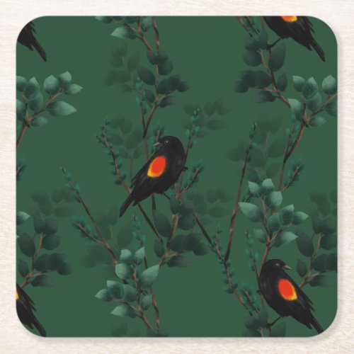Red_Winged Blackbird Pattern Square Paper Coaster