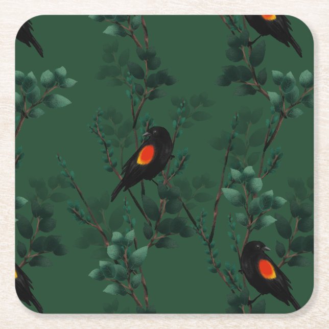 Red-Winged Blackbird Pattern Square Paper Coaster (Front)
