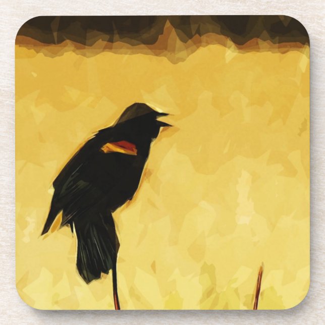 Red-Winged Blackbird Singing Abstract Drink Coaster (Front)