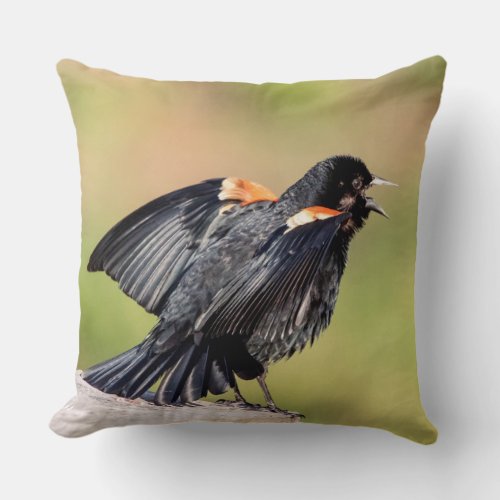 Red Winged Blackbird Singing Throw Pillow