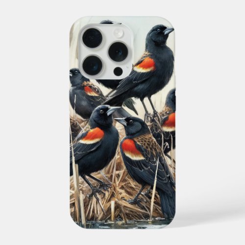 Red_winged Blackbirds in Marsh REF234 _ Watercolor iPhone 15 Pro Case