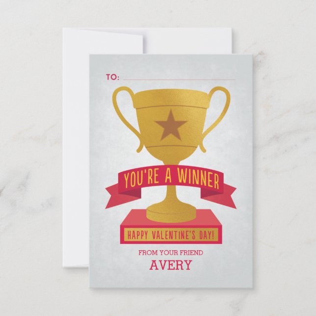 Red Winner's Trophy Classroom Valentine Card (Front)