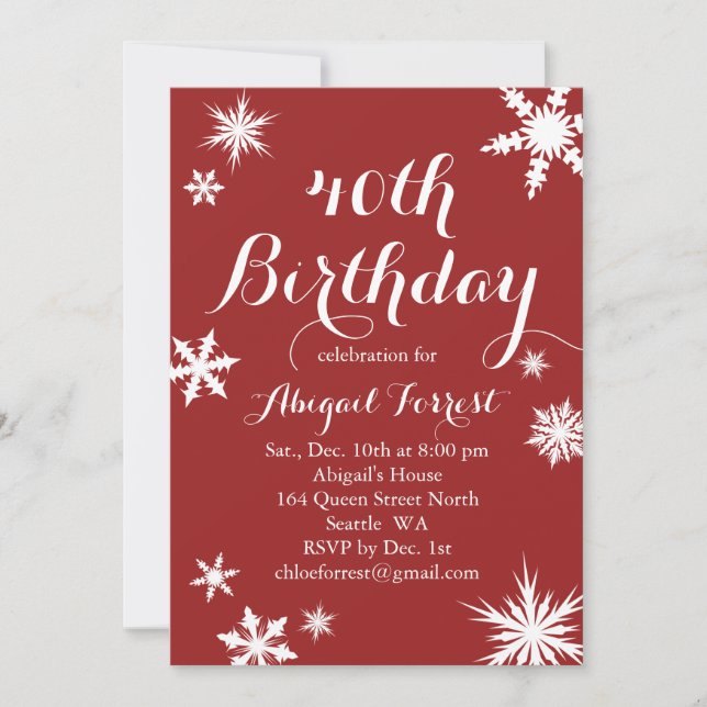 Red Winter 40th Birthday Invitation (Front)