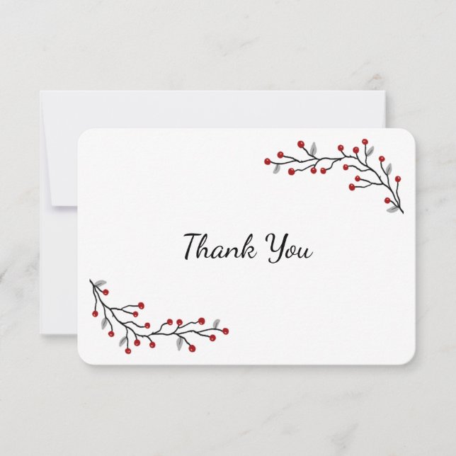 Red Winter Berries Flat Thank You Card (Front)