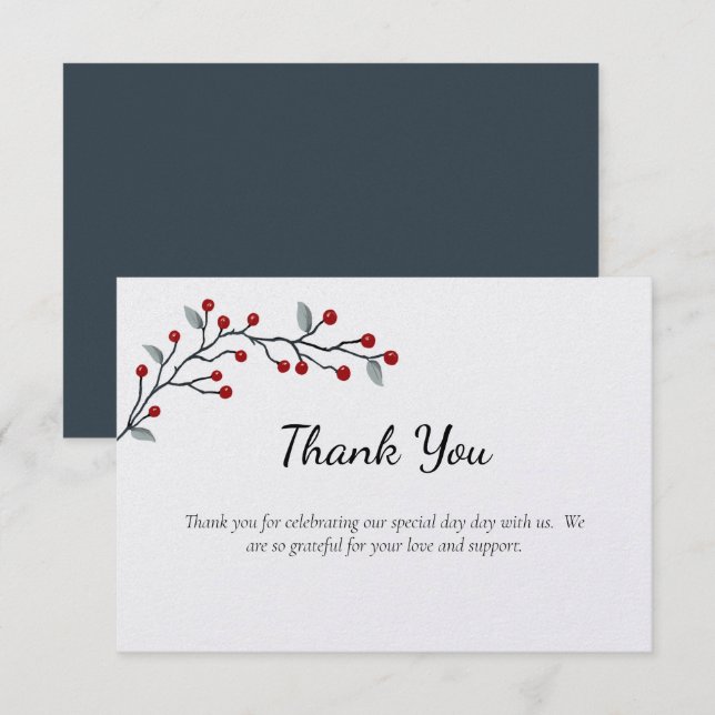 Red Winter Berries Flat Thank You Card (Front/Back)