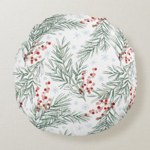 Red Winter Berry Botanical Christmas Round Pillow