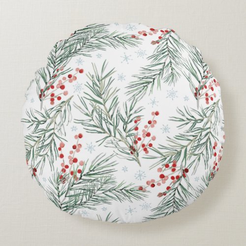 Red Winter Berry Botanical Christmas  Round Pillow