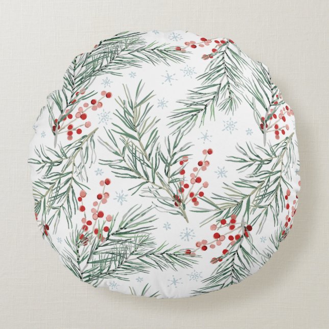 Red Winter Berry Botanical Christmas  Round Pillow (Front)