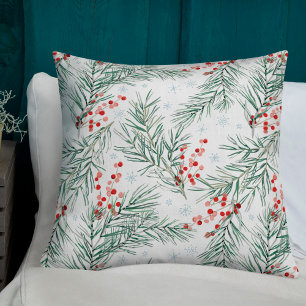 Red Winter Berry Botanical Christmas Throw Pillow