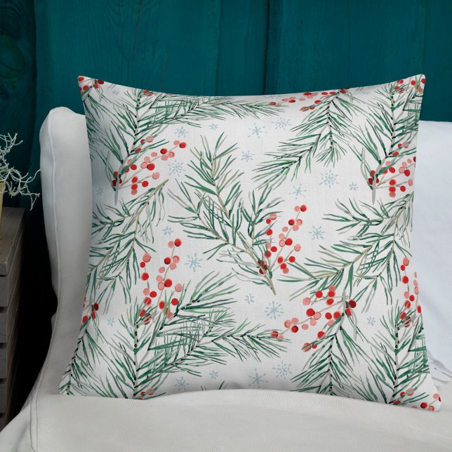 Red Winter Berry Botanical Christmas Throw Pillow (Creator Uploaded)