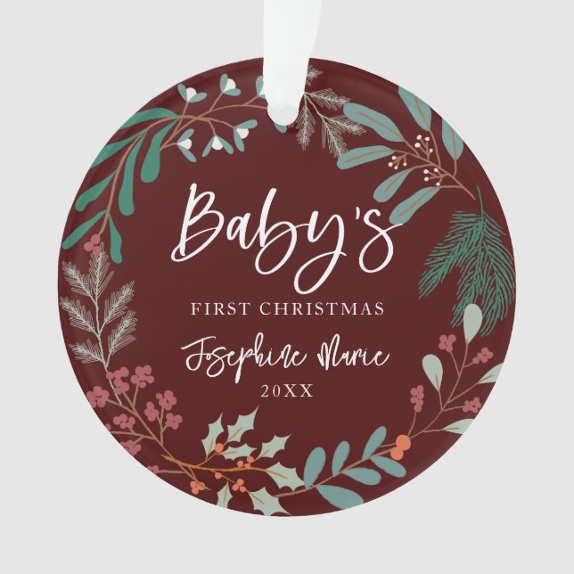 Red Winter Botanical Baby's First Christmas Ornament (Front)