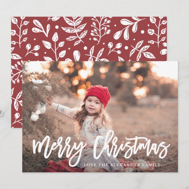 Red Winter Botanical Merry Christmas Script Photo Holiday Card (Front/Back)