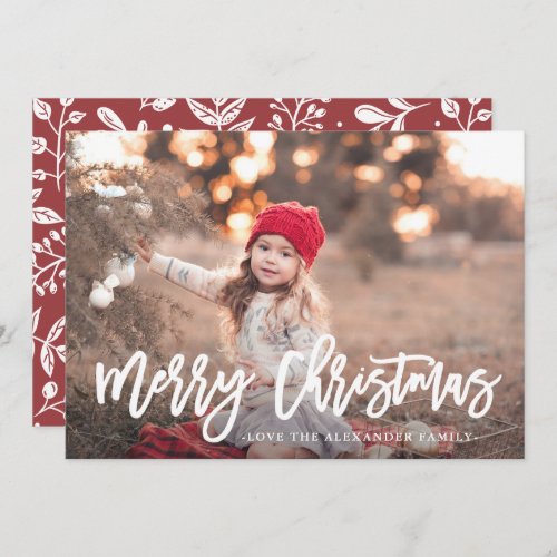 Red Winter Botanical Merry Christmas Script Photo Holiday Card