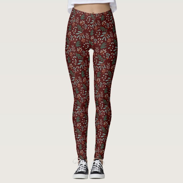 Red Winter Botanical Pattern Leggings (Front)