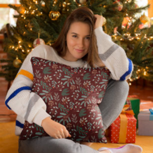 Red Winter Botanical Pattern Throw Pillow