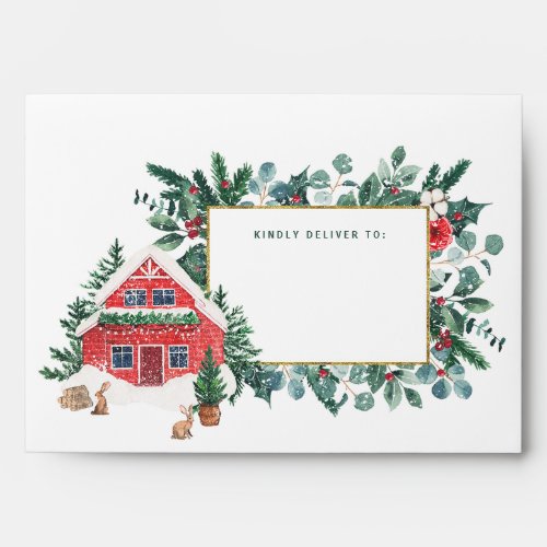 Red Winter Cabin in the Snow Envelope