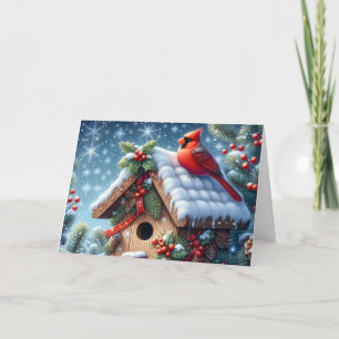 Red Winter Cardinal on Birdhouse Christmas Holiday Card
