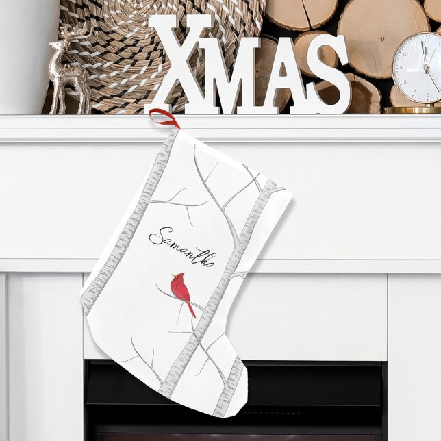 Red Winter Cardinal Personalized Christmas Small Christmas Stocking (Winter red cardinal birch tree holiday stocking)
