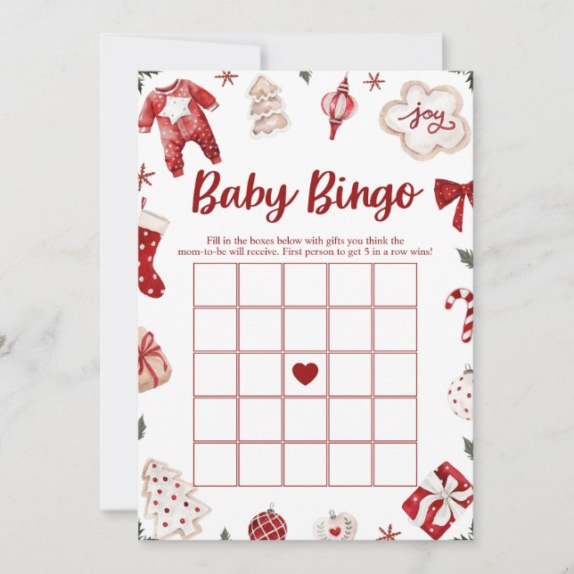 Red Winter Christmas Baby Bingo Baby Shower Game Invitation (Front)