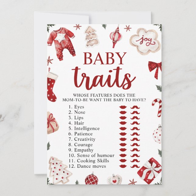 Red Winter Christmas Baby Shower Baby Traits Game Invitation (Front)