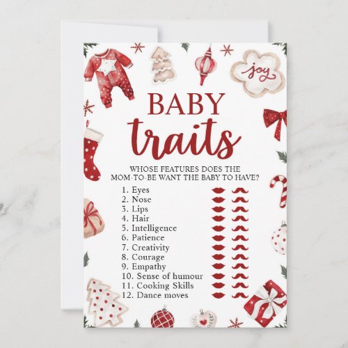 Red Winter Christmas Baby Shower Baby Traits Game Invitation