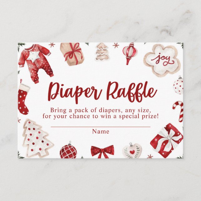 Red Winter Christmas Baby Shower Diaper Raffle Enclosure Card (Front)