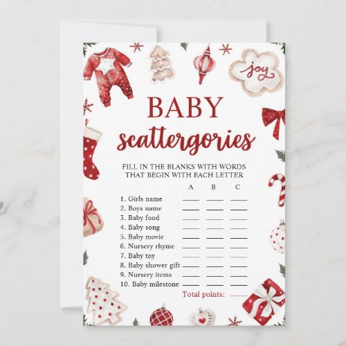 Red Winter Christmas Baby Shower Scattegories Game Invitation