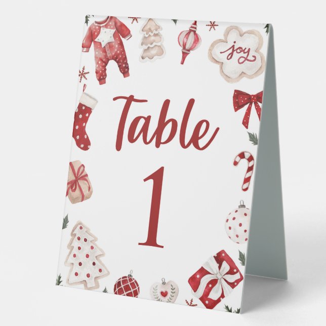 Red Winter Christmas Baby Shower Table Number Card Table Tent (Front)