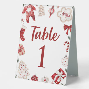 Red Winter Christmas Baby Shower Table Number Card Tent