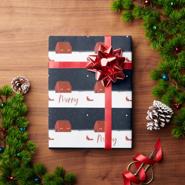 Red Winter Cottage Snowy Christmas Pattern Wrapping Paper (Holiday Gift)