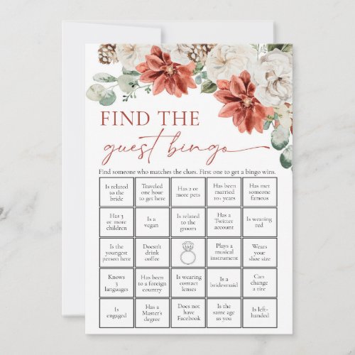 Red Winter Find the Guest Bingo Bridal Shower Game Invitation