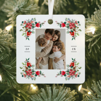 Red Winter Florals Photo Metal Ornament