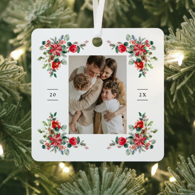 Red Winter Florals Photo Metal Ornament (Insitu)